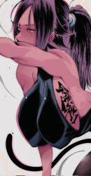 1girl arm_up bare_shoulders bleach bleach:_sennen_kessen-hen breasts dark-skinned_female dark_skin female_focus hair_ornament hanging_breasts highres japanese_text kinakomochi_(user_vedc2333) large_breasts long_hair parted_bangs ponytail purple_hair shihouin_yoruichi sideboob simple_background tail translation_request yellow_eyes