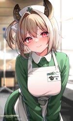 1girl absurdres animal_ears apron blush breasts buttons closed_mouth collared_dress dress green_dress hair_intakes hat highres indie_virtual_youtuber long_sleeves medium_hair name_tag newmoonshira nimi_nightmare nurse_cap one_side_up open_mouth red_eyes smile solo tapir_ears tapir_girl virtual_youtuber white_apron