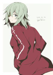 Rule 34 | 1girl, commentary request, commission, eyepatch, from behind, green eyes, green hair, hands in pockets, highres, jacket, kantai collection, kiso (kancolle), looking at viewer, looking back, official alternate costume, red jacket, short hair, simple background, smile, solo, taira yuuki, track jacket, white background