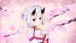 Rule 34 | bell, breasts, cherry blossoms, cleavage, demon girl, double bun, horns, japanese clothes, large breasts, oni, oni horns, oninosozurin, pointy ears, red eyes, rinoninosuzu, solo, virtual youtuber