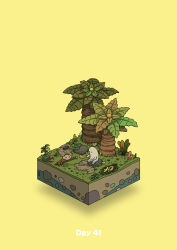 Rule 34 | absurdres, commentary request, diorama, food, fruit, giving, gozz, highres, holding, holding food, holding fruit, isometric, monkey, original, reaching, sitting, tree, yellow background