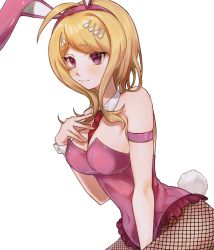 Rule 34 | 1girl, :3, akamatsu kaede, animal ears, armlet, bad id, bad twitter id, bare shoulders, between legs, blush, bow, breasts, cleavage, danganronpa (series), danganronpa v3: killing harmony, detached collar, fake animal ears, fishnet pantyhose, fishnets, fortissimo, hair ornament, hand between legs, hand up, highres, large breasts, leotard, long hair, looking at viewer, musical note, musical note hair ornament, necktie, nu (nu nu 927), pantyhose, pink eyes, pink leotard, playboy bunny, rabbit ears, red necktie, simple background, skindentation, smile, solo, tail, white background, wrist cuffs
