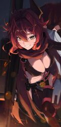 Rule 34 | 1girl, absurdres, anti-materiel rifle, ashes, belt, black jacket, black pants, breasts, bullpup, cleavage, cropped jacket, goddess of victory: nikke, gun, highres, holding, holding weapon, horns, jacket, large breasts, long hair, ninney5, pants, red hair, red hood (nikke), rifle, smile, sniper rifle, weapon, yellow eyes