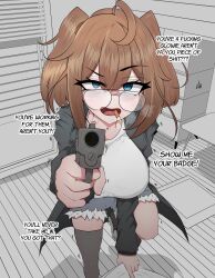 Rule 34 | 1girl, absurdres, ahoge, aiming, aiming at viewer, bags under eyes, blue eyes, breasts, brown hair, cigarette, commentary, commission, english commentary, english text, feet, finger on trigger, foot focus, glasses, glowie (meme), grey jacket, grey thighhighs, gun, hair between eyes, handgun, highres, holding, holding gun, holding weapon, indoors, jacket, large breasts, long sleeves, looking at viewer, mayoa, meme, monochrome background, mouth hold, open clothes, open jacket, open mouth, original, profanity, raised eyebrows, shirt, sidelocks, smile, solo, standing, standing on one leg, thighhighs, weapon, white shirt