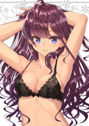 Rule 34 | 1girl, :3, ahoge, armpits, arms behind head, arms up, bare arms, bare shoulders, black bra, blue eyes, bow, bow bra, bra, breasts, brown hair, cleavage, closed mouth, collarbone, highres, ichinose shiki, idolmaster, idolmaster cinderella girls, lace, lace bra, long hair, looking at viewer, medium breasts, migimaki (migi mawashi), smile, solo, underwear, underwear only, upper body, very long hair, white background