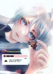 Rule 34 | 1boy, absurdres, androgynous, blue eyes, hakusan yoshimitsu, highres, looking at viewer, male focus, parted lips, short hair, short hair with long locks, solo, touken ranbu, translation request, white background, white hair, zasikirou