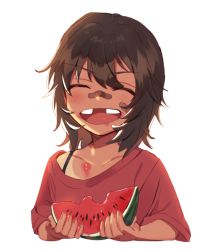 Rule 34 | 10s, 1girl, aged down, andou (girls und panzer), bad id, bad twitter id, bandaid, bandaid on face, bandaid on nose, black hair, bra strap, closed eyes, commentary request, cropped torso, dark-skinned female, dark skin, food, food on face, fruit, girls und panzer, holding, holding food, missing tooth, off shoulder, open mouth, red shirt, shirt, short sleeves, shutou mq, simple background, smile, solo, t-shirt, tooth gap, v-shaped eyebrows, watermelon, white background