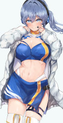 Rule 34 | 1girl, absurdres, bandeau, blue bandeau, blue eyes, blue hair, blue skirt, boots, breasts, coat, commission, cowboy shot, cropped jacket, gotland (kancolle), headphones, highres, kantai collection, light blue background, long hair, long sleeves, medium breasts, midriff, miniskirt, miyako (rgrayt), mole, mole under eye, navel, official alternate costume, open clothes, open coat, pencil skirt, pixiv commission, race queen, sidelocks, simple background, skirt, solo, thigh boots, thigh strap, thighhighs, white coat, white footwear