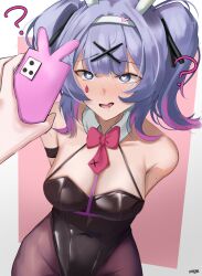 Rule 34 | 1girl, ?, animal ears, arms behind back, artist name, bare shoulders, black leotard, black pantyhose, blue eyes, blue hair, bow, bowtie, breasts, cellphone, cleavage, eroborne, fake animal ears, hair between eyes, hair ornament, hairband, hatsune miku, heart, heart-shaped pupils, highleg, highleg leotard, highres, holding, holding phone, hypnosis, leotard, looking at phone, medium breasts, mind control, open mouth, pantyhose, phone, playboy bunny, pure pure (rabbit hole), rabbit ears, rabbit hole (vocaloid), red bow, red bowtie, symbol-shaped pupils, teardrop facial mark, tongue, twintails, vocaloid, x hair ornament