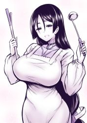 Rule 34 | 1girl, :d, apron, black eyes, black hair, blush, breasts, cowboy shot, fate/grand order, fate (series), highres, impossible clothes, kanno takanori, kappougi, ladle, large breasts, long hair, looking at viewer, minamoto no raikou (fate), open mouth, smile, solo, spring onion, very long hair, white apron