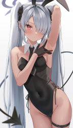 Rule 34 | 1girl, absurdres, animal ears, arm behind head, arm up, armpits, bare shoulders, black gloves, black leotard, black ribbon, blue archive, blush, breasts, cameltoe, commentary, covered navel, dark-skinned female, dark skin, demon tail, detached collar, english commentary, fake animal ears, gloves, grey hair, groin, hair intakes, hair over one eye, hair ribbon, halo, highleg, highleg leotard, highres, iori (blue archive), leotard, long bangs, long hair, looking at viewer, necktie, parted lips, playboy bunny, pointy ears, presenting armpit, rabbit ears, red eyes, ribbon, short necktie, side-tie leotard, sidelocks, small breasts, solo, spread armpit, strapless, strapless leotard, sweat, swept bangs, tail, takio (kani sama), thigh strap, twintails, very long hair