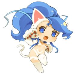 Rule 34 | 1girl, animal ears, animal hands, blue eyes, blue hair, breasts, cat ears, cat tail, chibi, felicia (vampire), full body, long hair, looking at viewer, mota, navel, open mouth, simple background, smile, solo, tail, vampire (game), white background