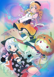 Rule 34 | 10s, 2girls, alternate costume, animal ears, animal hat, beanie, beret, black legwear, blonde hair, blush, bow, bowtie, cape, capelet, colorful, corset, detached sleeves, drill hair, fake animal ears, fingerless gloves, gloves, hair ornament, halloween, hands on own cheeks, hands on own face, hat, hat feather, highres, jack-o&#039;-lantern, jpeg artifacts, kyubey, long hair, looking at viewer, magical girl, mahou shoujo madoka magica, mahou shoujo madoka magica: hangyaku no monogatari, midriff, momoe nagisa, multicolored background, multiple girls, orange eyes, own hands together, pantyhose, polka dot, polka dot legwear, pumpkin, shoe soles, shoes, smile, striped clothes, striped legwear, striped thighhighs, terao hiroyuki, thighhighs, tomoe mami, twin drills, twintails, v arms, vertical-striped clothes, vertical-striped legwear, vertical-striped thighhighs, white hair, yellow eyes, zettai ryouiki