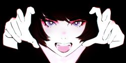 Rule 34 | 1girl, bad id, bad tumblr id, black background, bright pupils, fangs, hands up, highres, ilya kuvshinov, looking at viewer, open mouth, original, portrait, purple eyes, short hair, simple background, solo, upper body