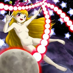 Rule 34 | 1girl, blonde hair, blush stickers, breasts, cleft of venus, clownpiece, fairy, fairy wings, female focus, highres, long hair, moon, navel, nipples, nude, open mouth, parasite oyatsu, pussy, small breasts, solo, star (symbol), touhou, v, wings, zun (style)