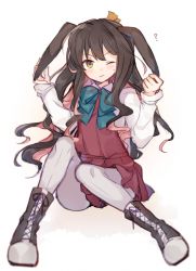 Rule 34 | 10s, 1girl, ?, animal ears, black hair, blue bow, blue bowtie, blush, boots, bow, bowtie, closed mouth, collared shirt, dress, eyebrows, full body, grey pantyhose, hair ornament, hands up, hiiragi souren, holding ears, kantai collection, kemonomimi mode, long hair, long sleeves, looking at viewer, multicolored hair, naganami (kancolle), one eye closed, pantyhose, pink dress, pink hair, rabbit ears, shirt, sidelocks, simple background, sitting, solo, sweatdrop, two-tone hair, wavy hair, white background, white shirt, yellow eyes