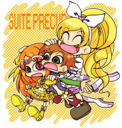 Rule 34 | 10s, 1boy, 2girls, :o, ^ ^, blonde hair, boots, brooch, brother and sister, brown eyes, brown hair, chibi, copyright name, cure muse, cure muse (yellow), cure rhythm, dress, closed eyes, hairband, happy, jewelry, long hair, magical girl, minamino kanade, minamino souta, monono (1436470), multiple girls, musical note, open mouth, orange background, orange hair, pants, precure, red eyes, shirabe ako, shirt, shoes, siblings, suite precure, symbol-shaped pupils, treble clef, yellow dress