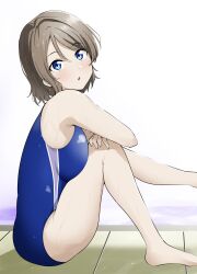 Rule 34 | 1girl, barkhorn0331, blue eyes, blue one-piece swimsuit, brown hair, commentary request, competition school swimsuit, highres, looking at viewer, love live!, love live! sunshine!!, one-piece swimsuit, open mouth, school swimsuit, short hair, sitting, solo, swimsuit, watanabe you