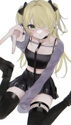 Rule 34 | 1girl, alternate costume, black bow, black footwear, black thighhighs, blonde hair, bow, commentary, crop top, eyepatch, fischl (genshin impact), genshin impact, green eyes, hair bow, highres, long hair, maguro (minase1684), pleated skirt, sitting, skirt, solo, swept bangs, thighhighs, two side up, v, wariza