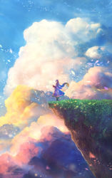 Rule 34 | 1girl, ahoge, blue sky, capelet, cliff, cloud, commentary request, day, floating hair, from side, grass, long hair, long sleeves, original, outdoors, petals, sakimori (hououbds), skirt, sky, solo, standing, very long hair, yuuyake koyake