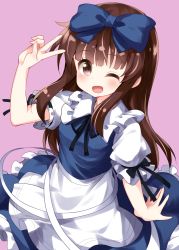 Rule 34 | 1girl, ;d, blue bow, blue dress, bow, brown hair, dress, frilled dress, frills, hair bow, highres, long hair, looking at viewer, one eye closed, open mouth, pink background, puffy short sleeves, puffy sleeves, red eyes, ruu (tksymkw), short sleeves, simple background, smile, solo, star sapphire, touhou, two-tone dress, v, white dress