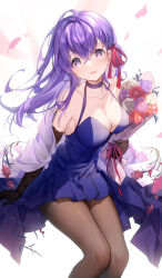 Rule 34 | 1girl, bare shoulders, bison cangshu, black pantyhose, blue dress, bouquet, breasts, choker, cleavage, collarbone, crossed bangs, dress, elbow gloves, falling petals, fate/stay night, fate (series), floating hair, flower, gloves, hair between eyes, hair ribbon, halter dress, halterneck, highres, holding, holding bouquet, lace, lace gloves, large breasts, long hair, looking at viewer, matou sakura, open mouth, pantyhose, petals, pleated dress, purple choker, purple eyes, purple flower, purple hair, purple rose, red flower, red ribbon, red rose, ribbon, rose, simple background, sleeveless, sleeveless dress, smile, solo, thighs, white background, white flower, white rose