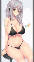 Rule 34 | 1girl, bikini, black bikini, breasts, cleavage, commentary request, cowboy shot, dangan neko, dated, grey hair, hair intakes, hair ornament, hairclip, joints, large breasts, long hair, navel, original, ponytail holder, robot joints, side ponytail, sidelocks, signature, sitting, sitting on object, solo, stomach, swimsuit, two-tone background, yellow eyes