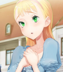 Rule 34 | 1girl, :o, blonde hair, blue dress, blush, building, collarbone, copyright request, dress, green eyes, haidara, hairband, hands on own chest, house, juliet sleeves, long hair, long sleeves, open mouth, own hands together, puffy sleeves, red hairband, solo, tareme, thick eyebrows, upper body