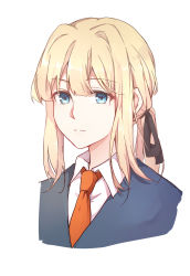 Rule 34 | 1girl, :|, blonde hair, blue eyes, close-up, closed mouth, collar, collared shirt, gemi 25, hair between eyes, hair intakes, hair ornament, hair ribbon, highres, long hair, looking at viewer, necktie, neckwear request, red necktie, ribbon, shirt, sidelocks, simple background, solo, upper body, violet evergarden, violet evergarden (series), waistcoat, white background, white shirt
