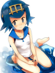Rule 34 | 1girl, bad id, bad pixiv id, barefoot, blue eyes, blue hair, blue pants, blue sailor collar, breasts, bright pupils, capri pants, closed mouth, clothes pull, collarbone, creatures (company), from above, game freak, hairband, highres, hijiri-tukasa, lana (pokemon), looking at viewer, nintendo, one-piece swimsuit, own hands together, pants, pants pull, pokemon, pokemon sm, sailor collar, school swimsuit, seiza, shirt, short eyebrows, short hair, sitting, sleeveless, sleeveless shirt, small breasts, smile, solo, swimsuit, swimsuit under clothes, trial captain, white background, white shirt, yellow hairband