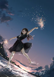 Rule 34 | 1girl, black shirt, black skirt, blue sky, brown eyes, brown hair, building, cloud, commentary request, dark, dutch angle, fireworks, gradient background, highres, leg up, long hair, looking away, looking to the side, nature, necktie, open mouth, original, outstretched arms, shallow water, shirt, short sleeves, skirt, sky, smile, solo, soragane (banisinngurei), sparkler, splashing, straight hair, sunset, wading, water, white necktie