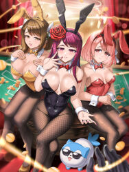 Rule 34 | 1other, 3girls, alternate costume, animal ears, artist name, bare shoulders, black leotard, blush, bow, bowtie, braid, breasts, breasts apart, brown hair, burnt green tea, casino, cleavage, detached collar, duplicate, fake animal ears, female focus, fire emblem, fire emblem engage, fishnet pantyhose, fishnets, flower, gloves, gold bowtie, gold leotard, goldmary (fire emblem), hair ribbon, hairband, high heels, highres, ivy (fire emblem), lapis (fire emblem), large breasts, leotard, long hair, looking at viewer, matching hair/eyes, mole, mole on breast, mole under mouth, multiple girls, nintendo, pantyhose, pink bow, pink bowtie, pink eyes, pink hair, pink leotard, pixel-perfect duplicate, playboy bunny, pov, purple eyes, purple hair, rabbit ears, red bow, red bowtie, red hairband, ribbon, rose, seductive smile, short hair, side braid, sitting, small breasts, smile, sommie (fire emblem), strapless, strapless leotard, sunglasses, swept bangs, thighs, two-tone hairband, white ribbon, wide hips, wrist cuffs, yellow eyes