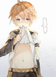 Rule 34 | 1boy, animated, animated gif, blonde hair, blue eyes, blush, clothes lift, heca, kagamine len, male focus, mouth hold, navel, shirt lift, simple background, solo, vocaloid