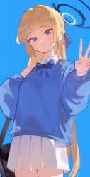 Rule 34 | 1girl, absurdres, blonde hair, blue archive, blue background, blue eyes, blue halo, blue jacket, blunt bangs, blush, closed mouth, commentary request, cowboy shot, halo, hands up, highres, jacket, long hair, long sleeves, looking at viewer, looking down, pleated skirt, school uniform, shuxiuxiao, simple background, skirt, solo, standing, toki (blue archive), v, white skirt