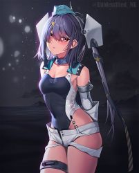 Rule 34 | 1girl, aqua hat, black one-piece swimsuit, blush, breasts, brown eyes, closed mouth, collarbone, competition swimsuit, cowboy shot, garrison cap, gloves, grey hair, hair between eyes, hair ornament, hat, headgear, highres, kantai collection, long hair, night, ocean, one-piece swimsuit, revision, scamp (kancolle), short shorts, shorts, side ponytail, small breasts, solo, star (symbol), star hair ornament, swimsuit, twitter username, unidentified nk, white gloves, white shorts