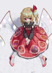 Rule 34 | 1girl, absurdres, alternate costume, artist name, blonde hair, bow, closed mouth, collared dress, commentary, cross-laced clothes, crystal, detached sleeves, dress, dress bow, drill hair, expressionless, eyebrows hidden by hair, flandre scarlet, floral print, frilled bow, frilled shirt collar, frills, full body, gem, glowing, glowing wings, hair bow, high heels, highres, knees together feet apart, lace, lace-trimmed skirt, lace trim, lolita fashion, long sleeves, looking away, looking to the side, no headwear, no pupils, on floor, pale skin, pearl (gemstone), pearl hair ornament, ponytail, pumps, red bow, red dress, red eyes, red footwear, red ribbon, ribbon, shadow, side ponytail, sidelocks, skirt, sleeve ribbon, solo, tile floor, tiles, touhou, white legwear, wings, zakozako y