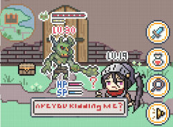 1girl :| ? black_hair blue_archive chinese_commentary closed_mouth commentary english_text hair_between_eyes helmet kei_(blue_archive) long_hair looking_at_viewer monster outdoors pixel_art purple_eyes side_ponytail solo super_h2o