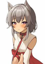 Rule 34 | 1girl, 1other, animal ear fluff, animal ears, bad id, bad pixiv id, bare shoulders, blush, bow, closed mouth, collar, commentary request, detached sleeves, grey hair, hair between eyes, hakama, highres, holding, holding leash, japanese clothes, kimono, leash, looking at viewer, mitsumine raimu, original, red bow, red collar, red eyes, red hakama, simple background, sleeveless, sleeveless kimono, solo focus, white background, white kimono, white sleeves