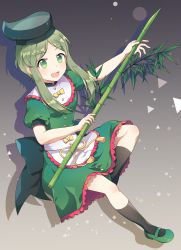 Rule 34 | 1girl, apron, bamboo, black socks, blush, breasts, commentary, dress, drop shadow, gradient background, green dress, green eyes, green footwear, green hair, grey background, hat, highres, holding, kaoling, kneehighs, mary janes, puffy short sleeves, puffy sleeves, shoes, short dress, short hair with long locks, short sleeves, sidelocks, small breasts, socks, solo, teireida mai, touhou, waist apron, white apron