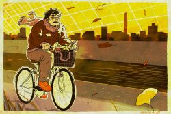 Rule 34 | 1boy, autumn leaves, bara, bicycle, bicycle basket, black hair, cityscape, facial hair, falling leaves, full body, glasses, goatee, highres, kora mirin (tkrmrn), leaf, looking to the side, male focus, mature male, mustache, original, pectorals, riding, riding bicycle, road bicycle, round eyewear, scarf, short hair, sideburns, solo, thick eyebrows, thick mustache, winter clothes, yellow theme