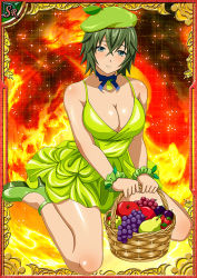 Rule 34 | 00s, 1girl, breasts, card (medium), dress, female focus, green hair, hat, ikkitousen, kyocho chuukou, large breasts, looking at viewer, shiny skin, short hair, sitting, smile, solo