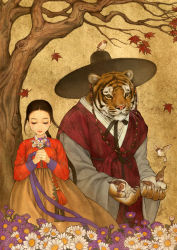 Rule 34 | 1girl, beauty and the beast, bird, bird on hand, bouquet, braid, brown hair, closed eyes, daisy, flower, furry, furry female, furry male, gat (korean traditional hat), hat, korean clothes, nayoung wooh, single braid, sparrow, tiger