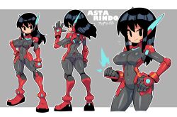 Rule 34 | absurdres, ass, asta rindo (rariatto), black hair, blush, bodysuit, breasts, character name, closed mouth, grey bodysuit, hand on own hip, highres, large breasts, long hair, looking at viewer, original, rariatto (ganguri), robot ears, smile