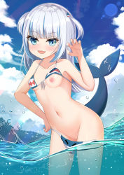 Rule 34 | 1girl, :d, aqua eyes, bare shoulders, beach, bikini, blue nails, blunt bangs, blush, breasts, censored, claw pose, cloud, cloudy sky, collarbone, commentary request, cowboy shot, day, dutch angle, fang, female focus, fins, fish tail, from below, gawr gura, hair ornament, hand on own hip, hand up, highres, hololive, hololive english, horizon, leaning forward, lens flare, long hair, looking at viewer, mosaic censoring, multicolored hair, nail polish, navel, nc731, nipples, one breast out, open mouth, outdoors, partially submerged, pussy, shark hair ornament, shark tail, silver hair, sky, small breasts, smile, solo, stomach, streaked hair, swimsuit, tail, two side up, underwater, virtual youtuber, wading, water