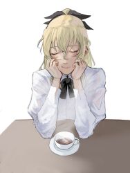 Rule 34 | 1girl, :t, absurdres, black bow, blonde hair, bow, bowtie, commentary, commission, cup, curly hair, elbow rest, english commentary, hair between eyes, hair bow, half-closed eyes, hands on own chin, head rest, highres, katawa shoujo, nonsense (dcrn4428), ponytail, satou lilly, saucer, school uniform, shirt, solo, steam, tea, teacup, white background, white shirt, yamaku high school uniform