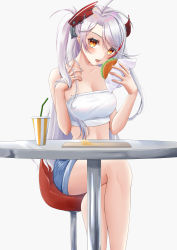 Rule 34 | 1girl, absurdres, alternate costume, azur lane, blue shorts, breasts, burger, chair, cleavage, crossed legs, cup, denim, denim shorts, disposable cup, drinking straw, food, highres, konparu uran, large breasts, long hair, looking at viewer, midriff, mole, mole on breast, multicolored hair, open mouth, prinz eugen (azur lane), red hair, round table, short shorts, shorts, simple background, sitting, solo, strapless, streaked hair, table, thighs, tube top, two-tone hair, white background, white hair, yellow eyes