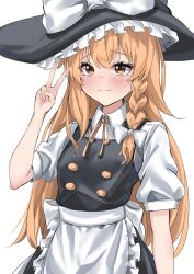 Rule 34 | 1girl, apron, blonde hair, blush, bow, braid, breasts, check commentary, closed mouth, collared shirt, commentary, commentary request, hat, hat bow, highres, kirisame marisa, light smile, long hair, ramiki, shirt, simple background, single braid, small breasts, solo, touhou, victory pose, waist apron, white background, white bow, witch hat, yellow eyes