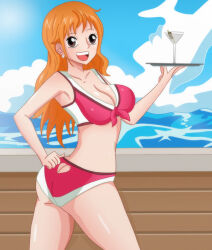 Rule 34 | 1girl, ass, ass cutout, breasts, brown eyes, butt crack, cleavage, clothing cutout, cosplay, cup, drinking glass, heart cutout, large breasts, long hair, medium breasts, midriff, nami (one piece), one piece, orange hair, shablagoo, short shorts, shorts, solo, tray, waitress, wine glass