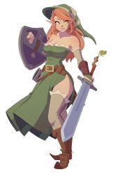 Rule 34 | 1girl, belt, boots, breasts, cleavage, dragon&#039;s crown, dress, earrings, fusion, hat, highres, jason allen, jeiae, jewelry, knee boots, link, lips, long hair, nintendo, orange hair, pointy ears, pointy footwear, scabbard, sheath, shield, shoes, side slit, sorceress (dragon&#039;s crown), strapless, strapless dress, sword, the legend of zelda, thighhighs, vambraces, weapon, yellow eyes