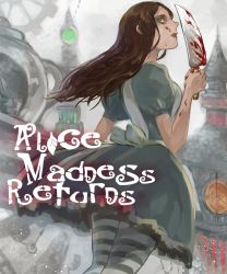 Rule 34 | 1girl, alice: madness returns, alice (alice in wonderland), american mcgee&#039;s alice, american mcgee's alice, black hair, blood, breasts, closed mouth, doro (kura-chou), dress, green eyes, highres, holding, knife, long hair, pantyhose, puffy sleeves, short sleeves, solo, striped clothes, striped pantyhose, weapon